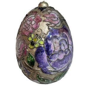 Vintage Franklin Mint Floral Metal Decorative Egg Inlay Enameled Flowers 6"